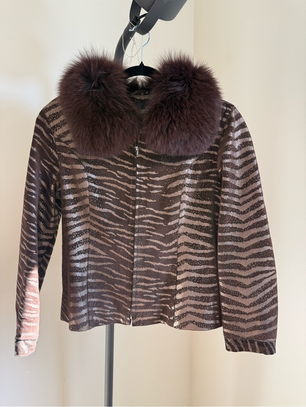 Women’s Brown Zebra-Print Jacket with Fur Collar